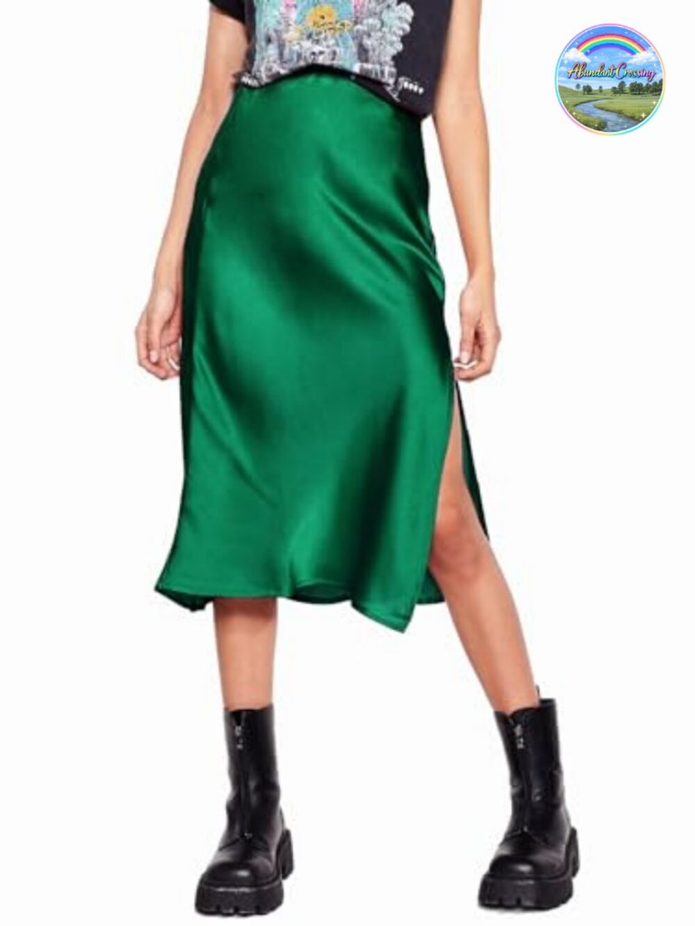 Satin Midi Skirt High Waist Slit Elastic Waistband Flowy Party Skirt